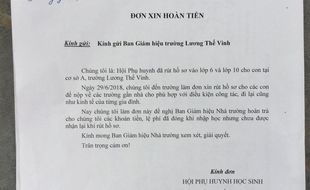 Đơn xin rút tiền của các phụ huynh gửi trường Lương Thế Vinh. Ảnh Dân Trí.