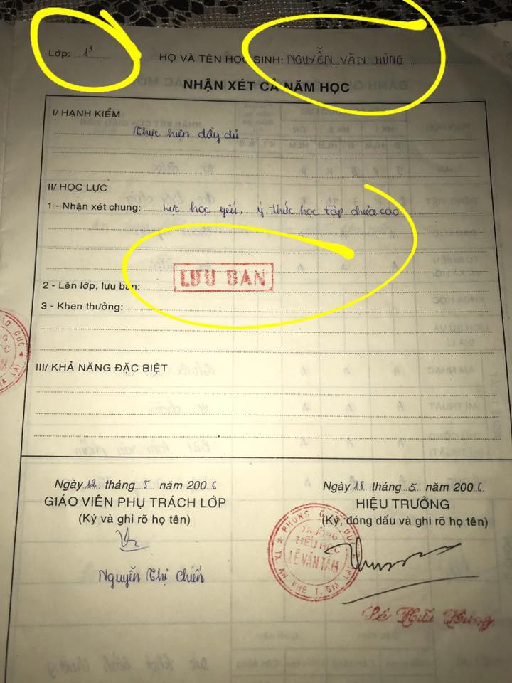 Học bạ với “thành tích” lưu ban lớp 1 được Facebook Nguyễn Văn Hùng chia sẻ khiến ai cũng phải buồn cười vì cậu bạn đã “phá đảo” giới học trò.