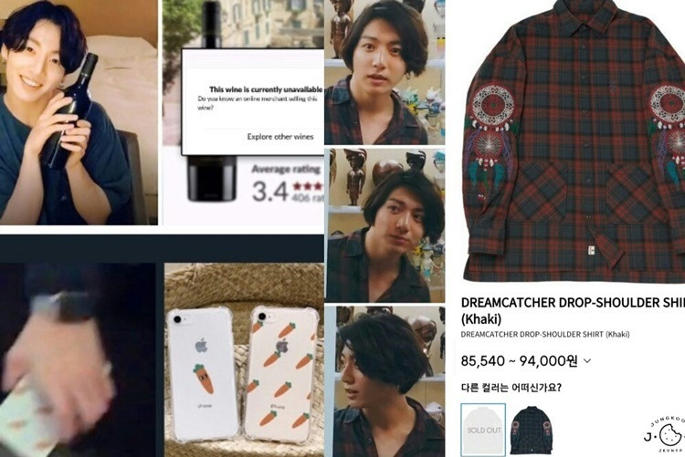 Jung Kook từng giúp sold-out các sản phẩm thời trang như BT21×Uniqlo, áo Dreamcatcher Drop Shoulder (của A Nothing)... Chỉ cần Jung Kook sử dụng một sản phẩm bất kỳ, fan đều háo hức săn tìm cho bằng được. Bằng chứng là ốp điện thoại, rượu, sản phẩm dưỡng da, thậm chí là sách hay nước xả vải, tất cả đều cháy hàng nhờ hiệu ứng của Jung Kook.