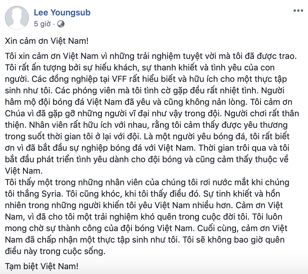 Lời chia tay của Lee Young-sub trên trang cá nhân Facebook.
