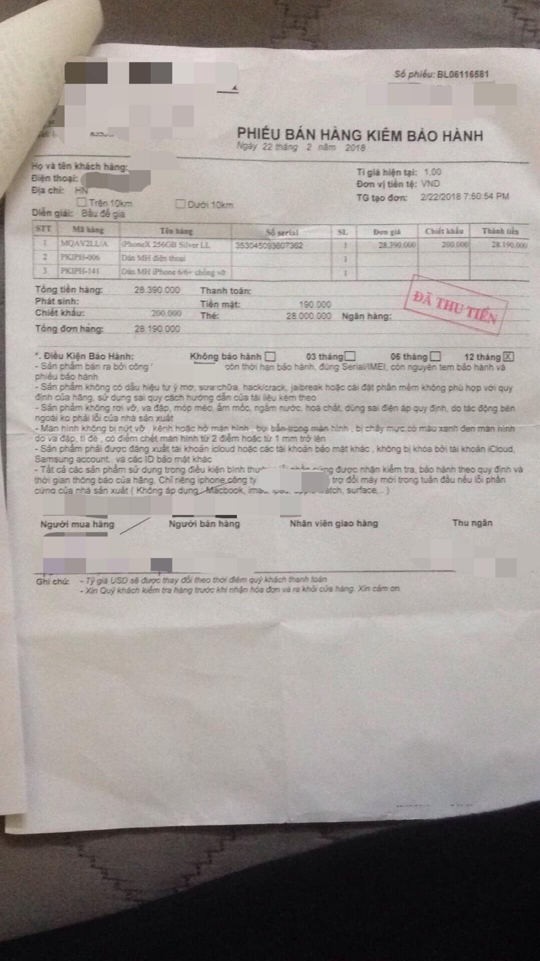 Giấy tờ bảo hành giữa 2 bên.