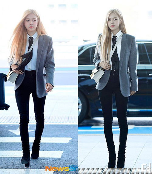 Trong lần ra sân bay sang Paris mới đây, Rosé diện bộ cánh khá đẹp mắt. Sơ mi trắng mix blazer mang đến cho nữ idol vẻ thanh lịch, tuy nhiên chiếc quần skinny jeans ôm sát lại làm thành viên Black Pink lộ nhược điểm đôi chân nhỏ và hơi cong.