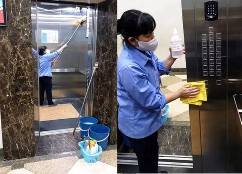 Nhiều chung cư liên tục vệ sinh, lau chùi các nút bấm thang máy bằng dung dịch cồn y tế để ngăn ngừa, chống dịch lây lan.