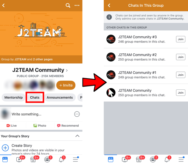 Phần "Chats" có sẵn trong Group Facebook, từ đó lập nên các Groupchat trên Messenger liên kết. Ảnh: J2Team Community Group.