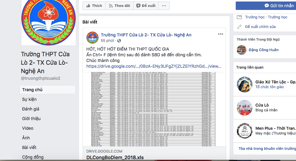 Dữ liệu về công bố điểm thi THPT quốc gia năm 2018 của học sinh Nghê An đang được chia sẻ trên mạng xã hội.
