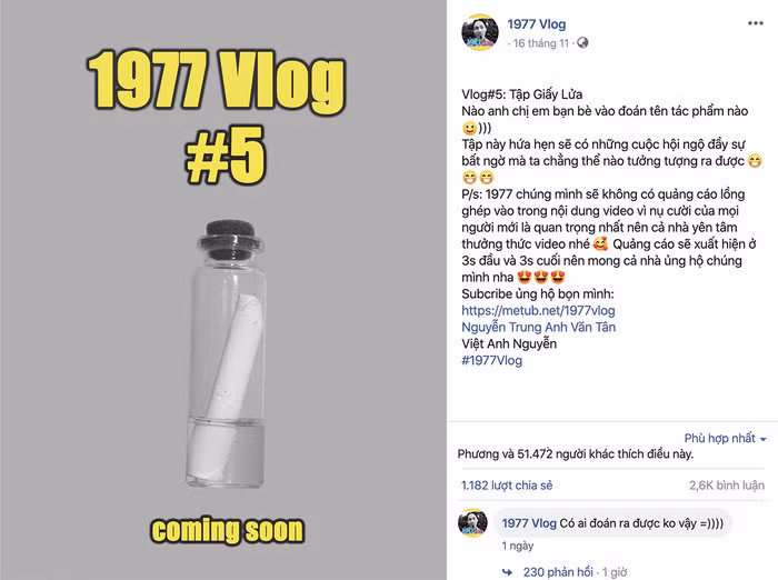 1977 Vlog đã đăng tải hình ảnh cho thấy một chiếc chai thủy tinh, bên trong chứa lưng chừng nước cùng một viên phấn để nhá hàng cho vlog thứ 5 của nhóm.