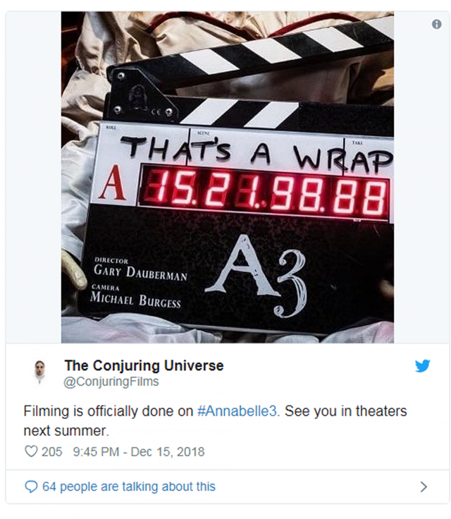 Trên twitter của The Conjuring Universe chính thức tuyên bố: “Annabelle 3 đã chính thức đóng máy, hẹn gặp vào mùa hè năm sau tại rạp!”. Trên twitter của The Conjuring Universe chính thức tuyên bố: “Annabelle 3 đã chính thức đóng máy, hẹn gặp vào mùa hè năm sau tại rạp!”.