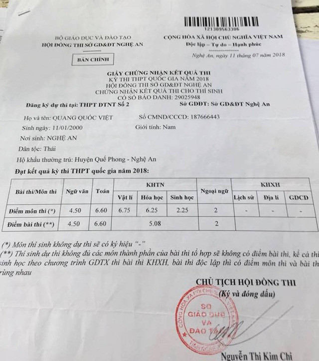 Giấy chứng nhận kết quả thi của em Viêt.