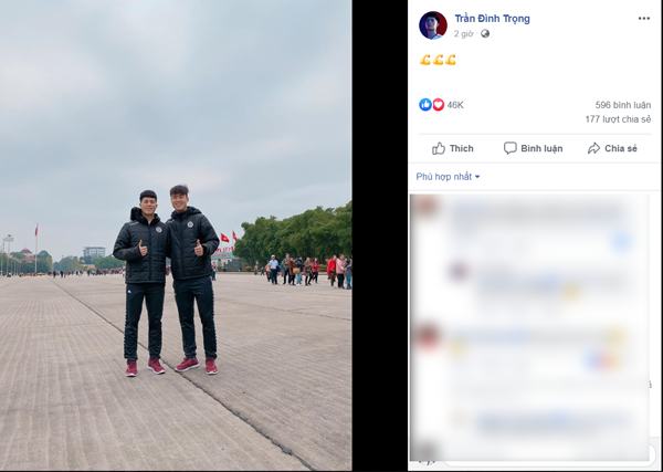 Một người đồng đội, anh em thân thiết của Duy Mạnh ở CLB Hà Nội là Đình Trọng cũng gửi thông điệp tích cực cho Duy Mạnh trên trang Facebook cá nhân.