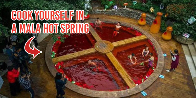 Hồ nước khoáng hình nồi lẩu khổng lồ nhìn từ trên cao.