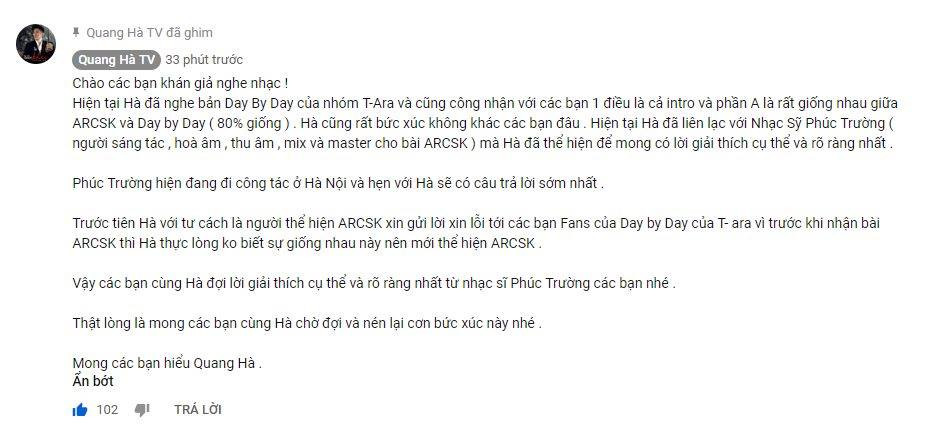 Nguyên văn lời chia sẻ của ca sĩ Quang Hà.