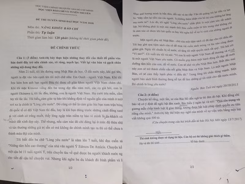 Đề thi phần thi riêng kỳ thi Năng khiếu báo chí 2018. (Ảnh: Nguyễn Thanh)