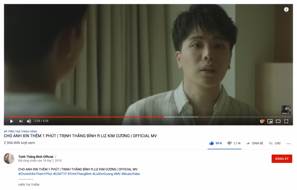 MV Cho Anh Xin Thêm Một Phút đạt vị trí thứ 9 trên Top Trending YouTube.