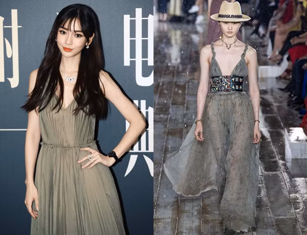 Cùng một mẫu váy nhưng Angela Baby khoe vẻ dịu dàng cổ điển khác hẳn với phong cách táo bạo của thiết kế gốc.