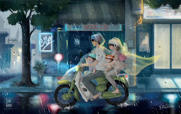 Một gia đình nhỏ đội áo mưa di chuyển trong ngày Sài Gòn "dở tính". Một gia đình nhỏ đội áo mưa di chuyển trong ngày Sài Gòn "dở tính".
