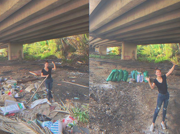 Quán quân "Vietnam's Next Top Model" Hương Ly dọn dẹp rác sạch sẽ ở chân cầu Phú Mỹ. Cô cho biết đây là đầu tiên bản thân thực hiện một thử thách mà cảm thấy có ích cho cuộc sống.