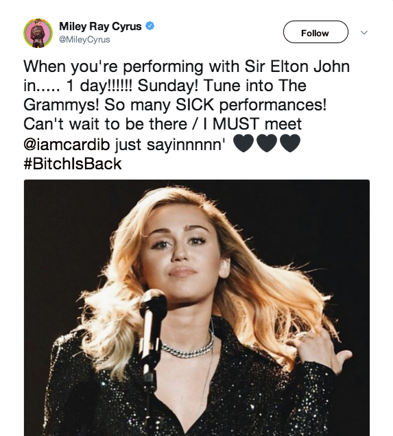 Miley vui mừng chia sẻ trên Twitter về việc mình sẽ cùng trình diễn với danh ca Elton John.
