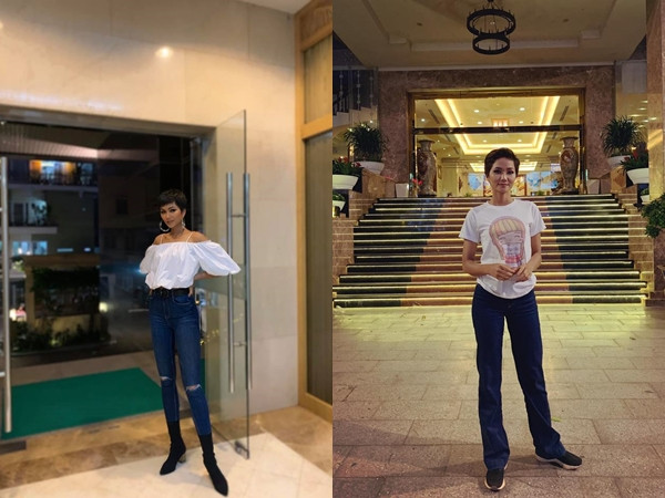 Phía bên dưới là hai bức ảnh hoàn toàn đối lập của H'Hen Niê trong ngày về và ngày đi.