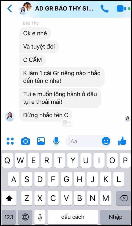 Đoạn hội thoại giữa Bảo Thy và admin group FC gây tranh cãi.