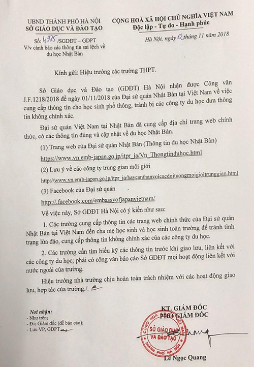 Sở GD&amp;ĐT Hà Nội yêu cầu các trường tìm hiểu kỹ thông tin trước khi giao lưu, liên kết với các công ty du học. Ảnh chụp màn hình.