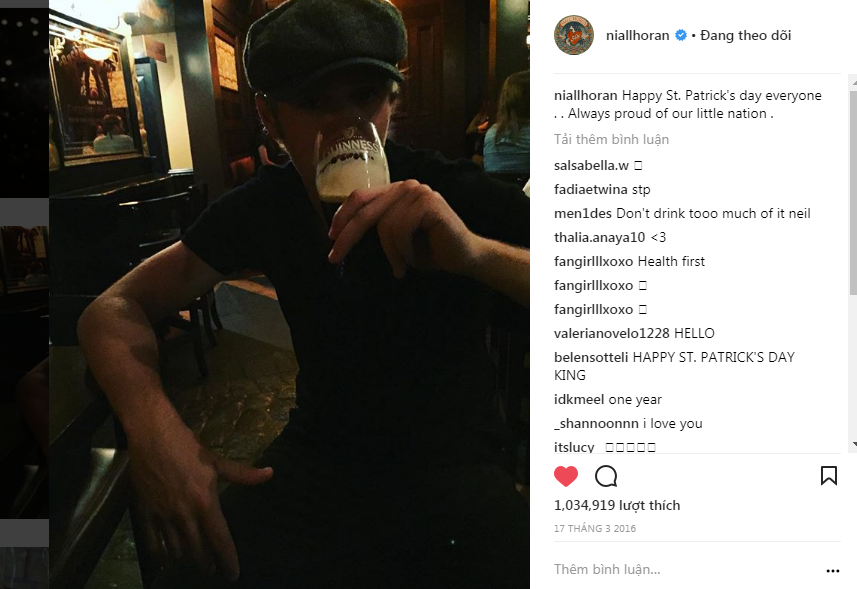 Niall Horan đã không ngần ngại bày tỏ lòng yêu nước của nước của mình trên Instagram vào Lễ Thánh Patrick năm ngoái.