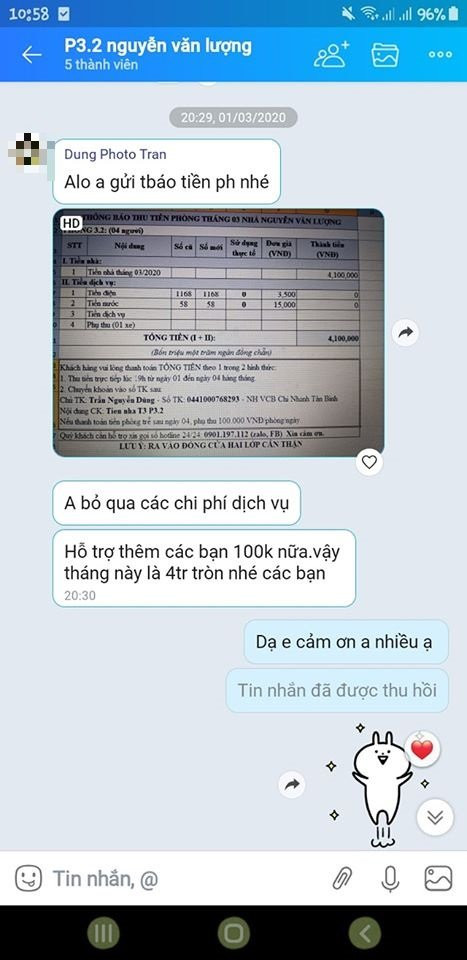 Người này còn cắt bỏ các chi phí dịch vụ, thậm chí còn hỗ trợ thêm 100.000 đồng.