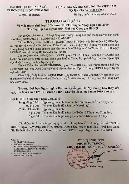 Năm nay trường THPT chuyên ngữ công bố lịch thi từ rất sớm.