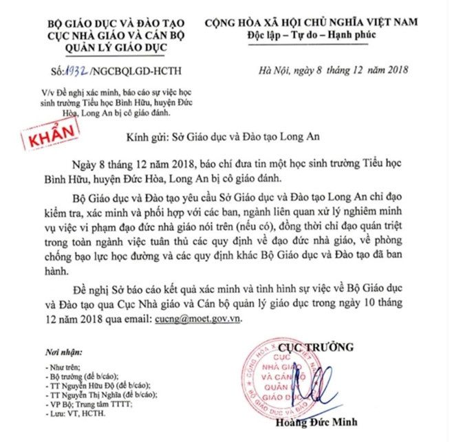 Văn bản khẩn của Cục Nhà giáo và Cán bộ quản lý giáo dục.