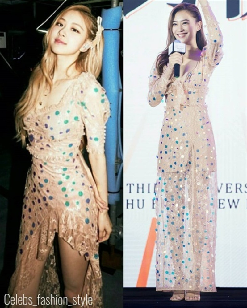 Rosé và nữ diễn viên Ứng Thể Nhi (phải) cùng mặc một thiết kế của thương hiệu For Love and Lemons. Thế nhưng mỹ nhân nhà YG đã có cách phối đồ ấn tượng hơn nhiều.