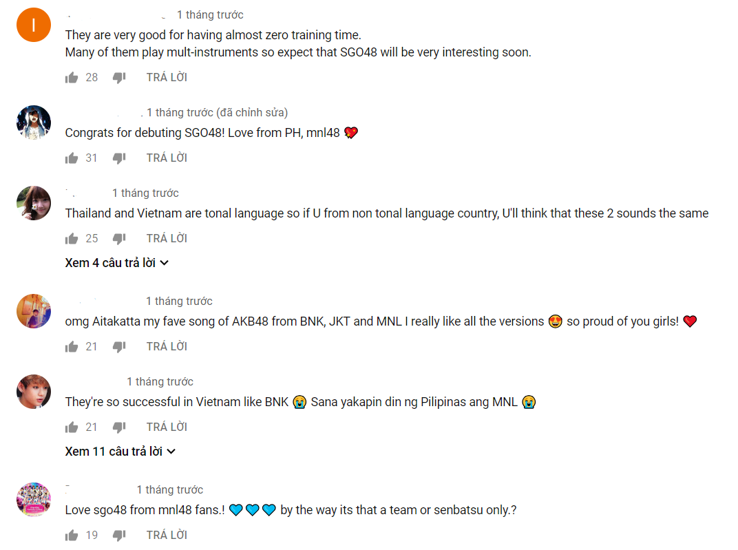Rất nhiều bình luận ủng hộ SGO48 từ fan quốc tế của nhà 48.