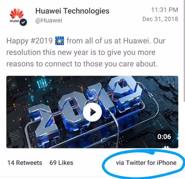 Huawei đã vô tình chúc mừng năm mới bằng Twitter trên iPhone. Ảnh: Marques Brownlee.