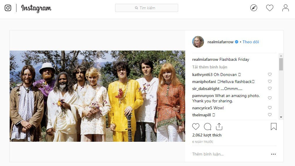 Mia Farrow đã chia sẻ bức ảnh này của cô ấy cùng với The Beatles, Jane Asher, Donovan và Maharishi Mahesh Yogi, ở Ấn Độ vào năm 1968.