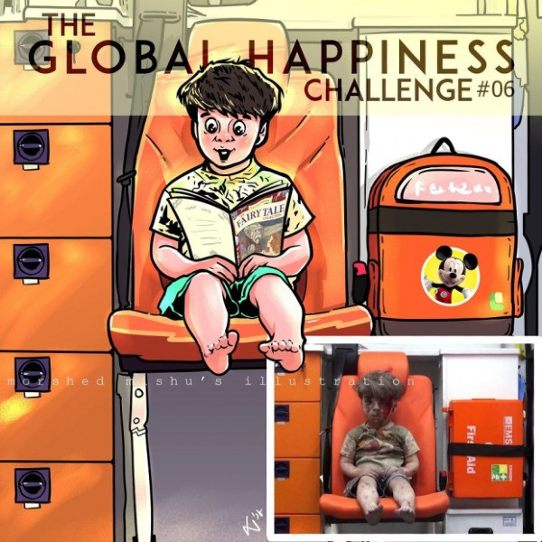 Cậu bé Omran Daqneesh sẽ được ngồi đọc truyện cổ tích vui vẻ trong thư viện đầy đủ tiện nghi như bức tranh của họa sĩ Morshed Mishu, nhưng hiện thực tàn khốc của cuộc chiến tranh Syria đã khiến cậu bé trở thành nạn nhân của vụ không kích ở thành phố Aleppo năm 2016.