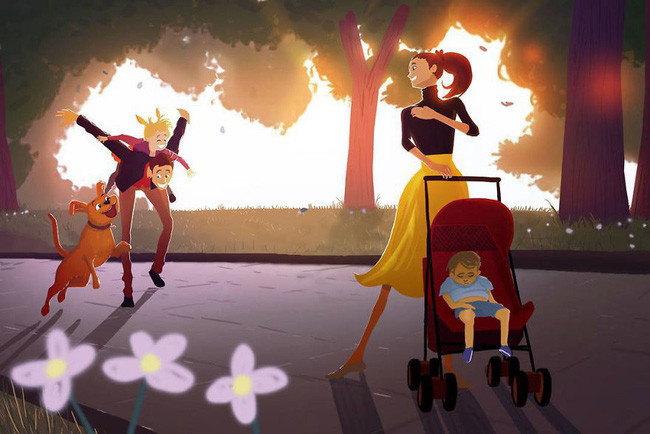 Khi cả nhà đi chơi, bố mẹ thì mệt nhưng con thì vui lắm.