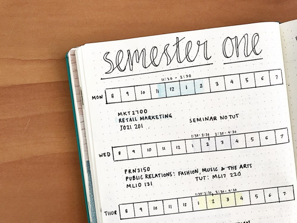 Bạn có thể dùng bullet journal để quản lí giờ học nè (nguồn: productiveandpretty.com)