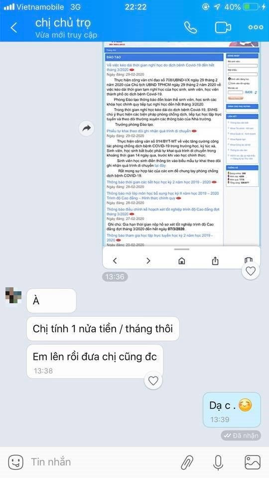 Sau khi nhận được thông báo về việc tiếp tục nghỉ học từ khách thuê trọ, chị chủ này quyết định chơi lớn khi chỉ tính tiền nửa tháng thuê nhà. Bên cạnh đó còn căn dặn bạn này khi nào lên ở rồi đưa sau cũng được.