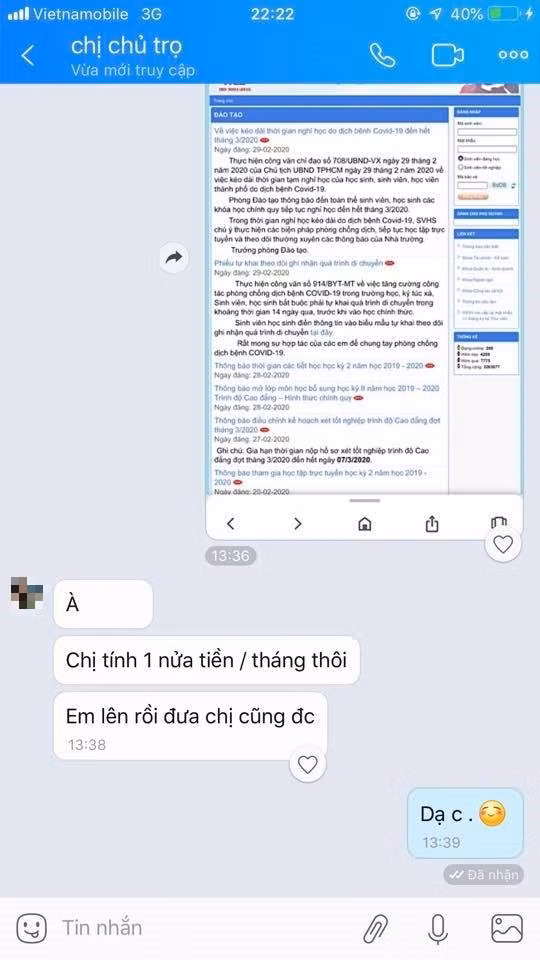 Sau khi nhận được thông báo về việc tiếp tục nghỉ học từ khách thuê trọ, chị chủ này quyết định chơi lớn khi chỉ tính tiền nửa tháng thuê nhà. Bên cạnh đó còn căn dặn bạn này khi nào lên ở rồi đưa sau cũng được.