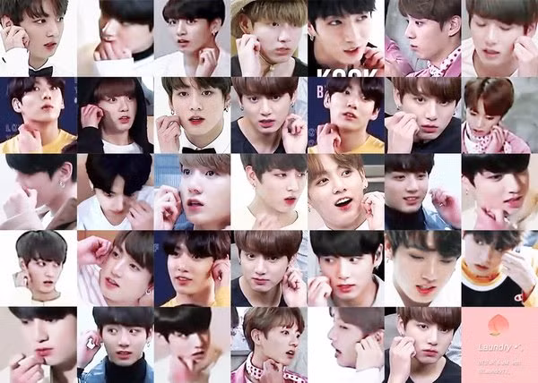 Mỗi khi băn khoăn suy nghĩ điều gì, Jungkook đều đưa hay ngón tay lên mặt như đang muốn nhổ lông tơ ở má vậy đó.