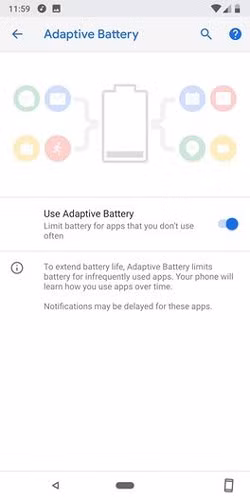 1. Tính năng Adaptive Battery của Android P sẽ tìm hiểu các ứng dụng người dùng sử dụng theo thời gian và ưu tiên tài nguyên hệ thống cho chúng. Đối với các ứng dụng ít dùng, Android P về cơ bản sẽ bỏ qua cho đến khi cần mở chúng.