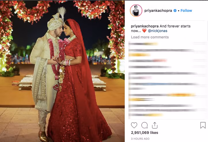 Hôn lễ truyền thống đã được cử hành tại Ấn Độ. Priyanka đã đăng tải lên Intagram của mình với lời chia sẻ: 