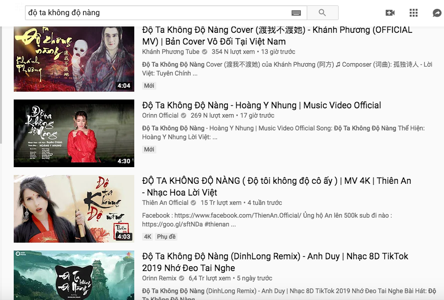 Chỉ cần search với từ khoá "Độ ta không độ nàng" là đã hiển thị ra một loạt những bản cover khác nhau.