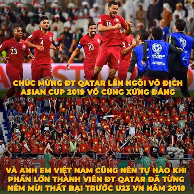 CĐV Việt Nam chúc mừng đại diện Tây Á nhưng không quên nhắc lại thất bại của Qatar trước "Rồng Vàng" năm nào.
