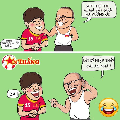 Thầy Park cũng phải "ngả mũ" trước Minh Vương. Ảnh: Họa sĩ An Thắng.