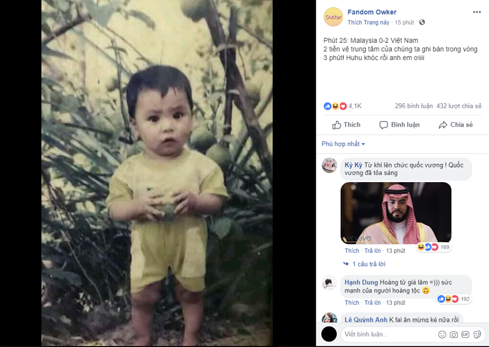 Cộng đồng fan Owker nức lòng trước 2 pha lập công liên tiếp, trong đó có cú dứt điểm thần sầu đưa ĐT Việt Nam lên dẫn trước 2-1 của Đức Huy (Ảnh: Fandom Owler).