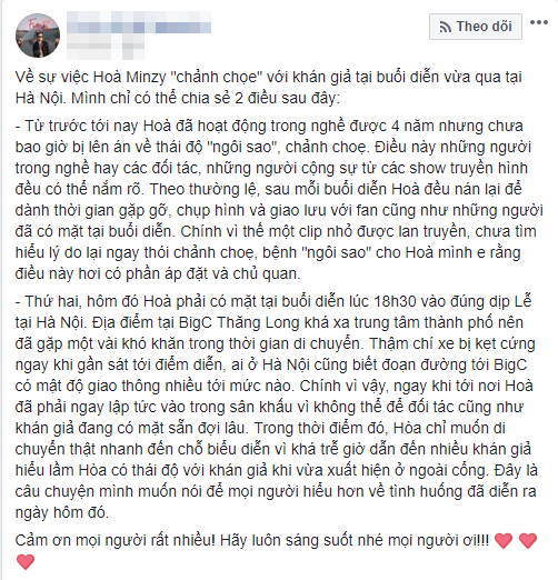 Dòng trạng thái lí giải sự việc của quản lí Hòa Minzy.