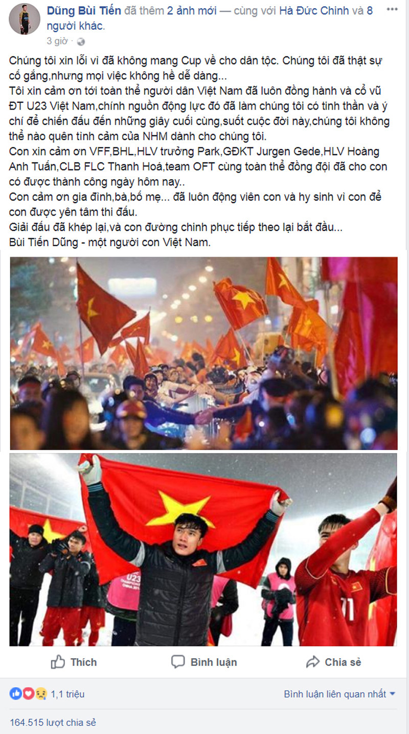 Thủ môn Tiến Dũng với status "để đời" thu hút hơn 1 triệu like.