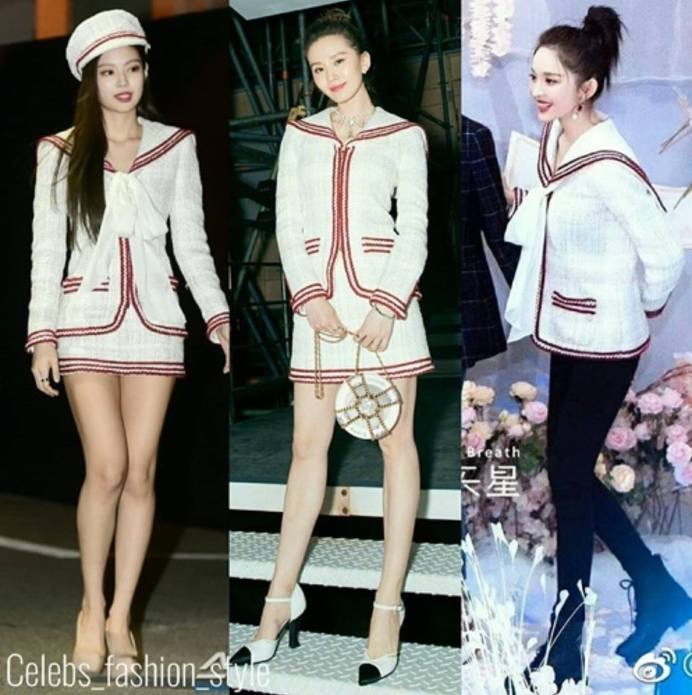 Jennie và Lưu Thi Thi (giữa) mặc chung set đồ nhưng mỹ nhân xứ Hàn khéo léo tạo khác biệt với mũ beret. Cổ Lực Na Trát (phải) lại phối áo của Chanel cùng quần jeans.