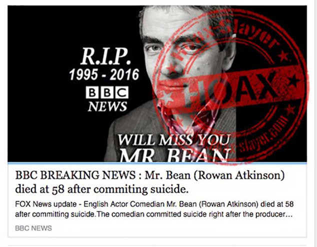 Tin đồn diễn viên Rowan Atkinson qua đời năm 2016.