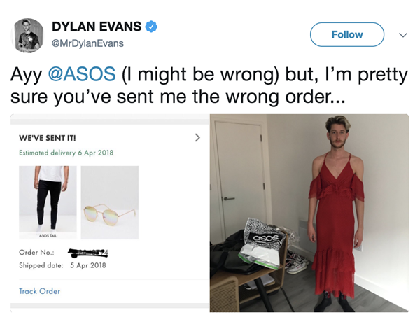 Đơn hàng gốc của Dylan và chiếc váy mà anh đã nhận được.