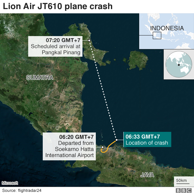 Lộ trình dự kiến của máy bay (đường gạch đứt) và quãng đường mà máy bay đã đi (đường màu gạch) trước khi đâm xuống biển. Đồ họa: BBC.